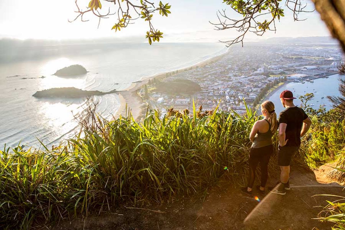 Couple staring down mountain at sea town below