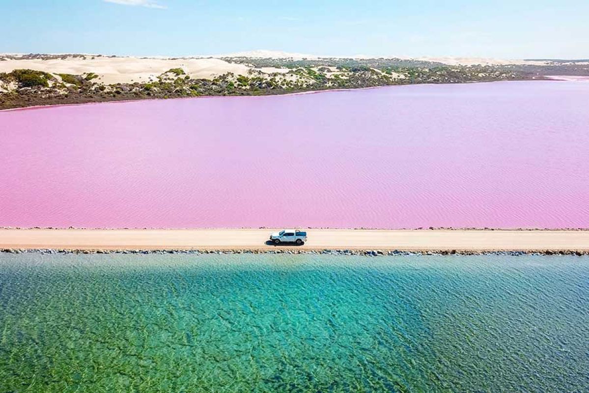 car driving through pink lake