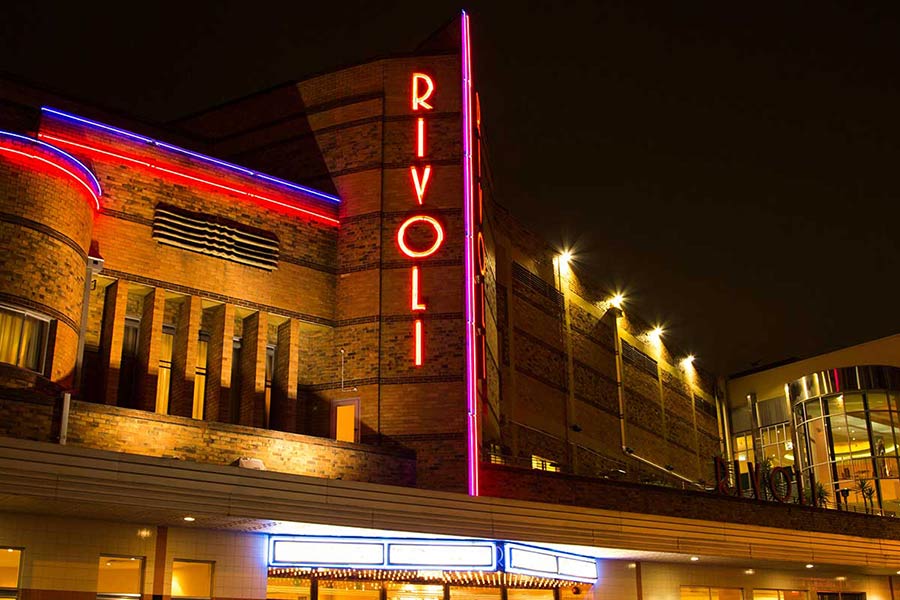 Exterior photo of the Tivoli theatre at night