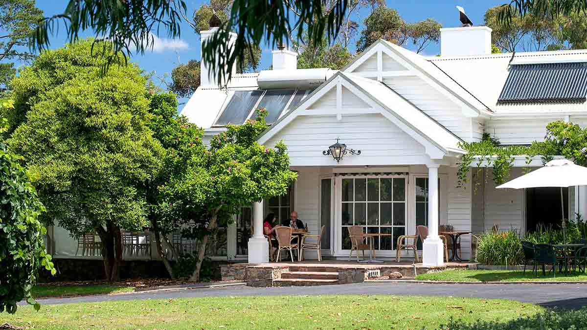 People eating on Dromana Estate's porch surrounded by trees