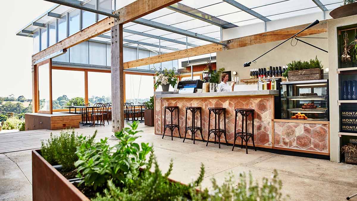 Montalto's bar area overlooking a vineyard