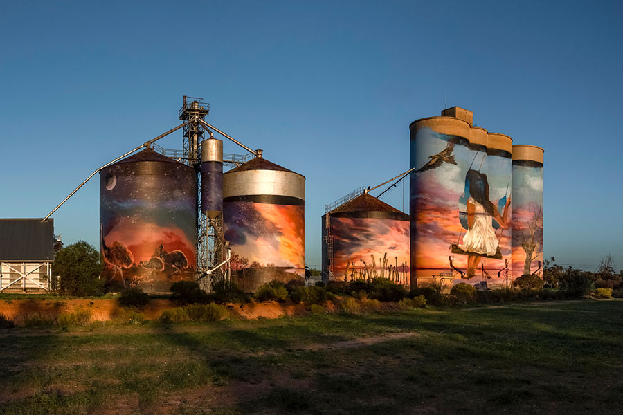 Painted silos featuring a girl on a swing at Sea Lake in Victoria