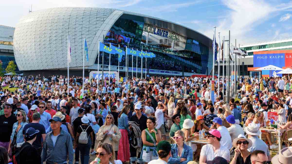 large crowd in front of Rod Laver Arena in Melbourne