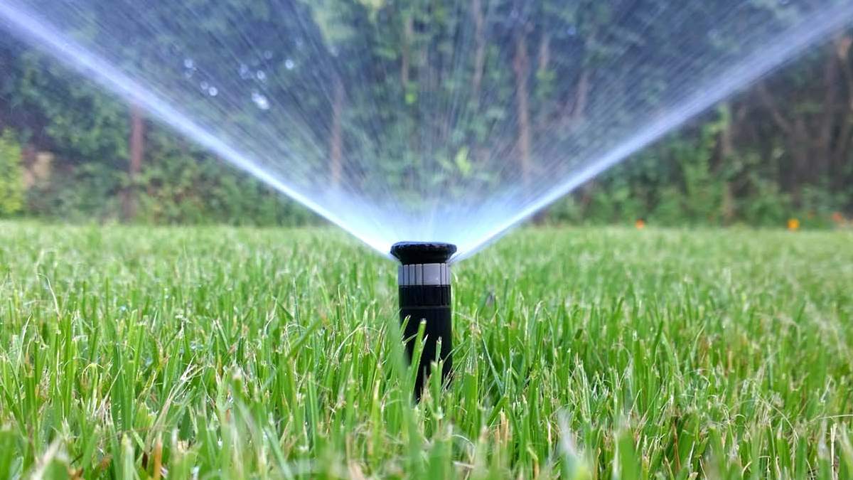 sprinkler spraying water on to a garden lawn