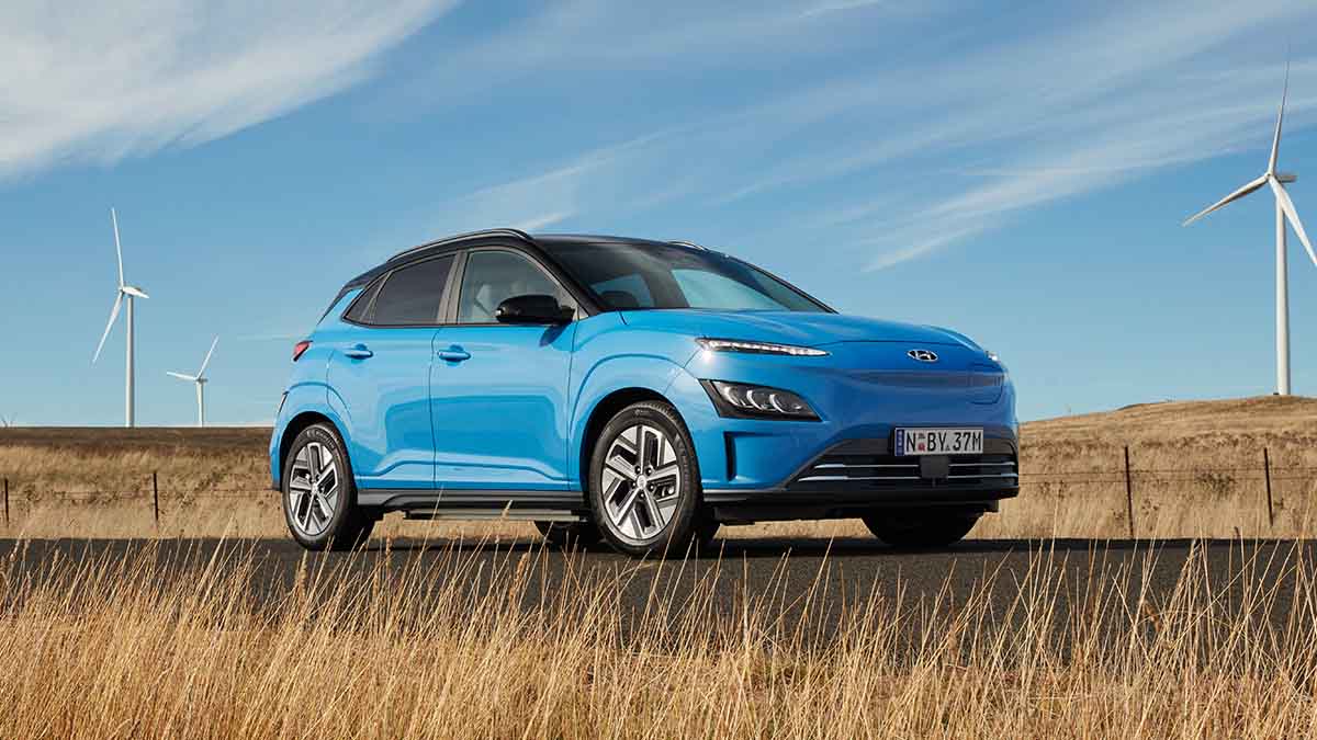 A blue Hyundai Kona electric