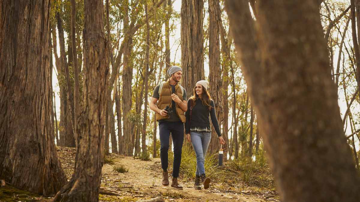 young couple hiking in the woods