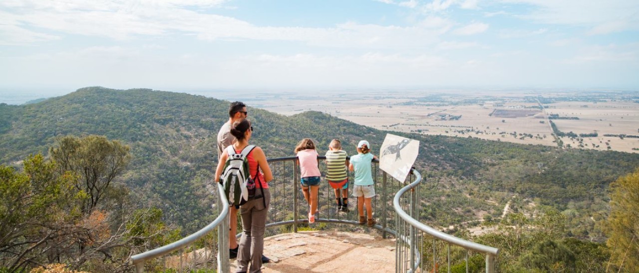 You Yangs lookout_Visit Victoria_1400x600 family at lookout point in the You Yangs